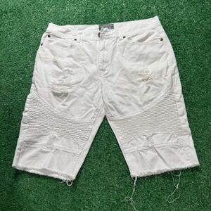 Mens White Denim Moto Ripped Distressed Biker Shorts